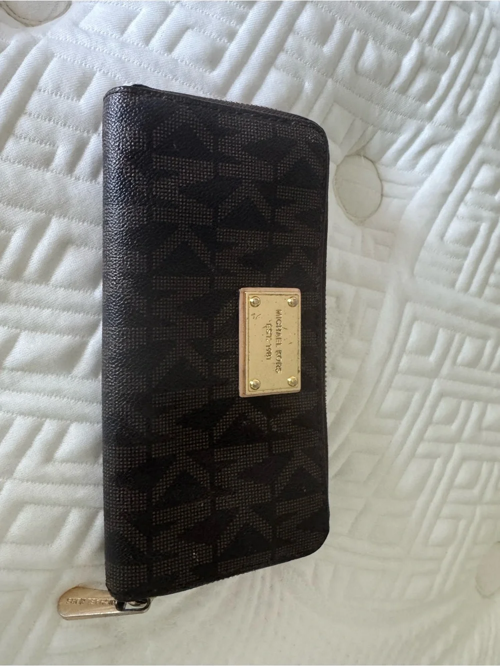 Michael Kors Dark Brown Logo Zip Wallet with Gold Plaque